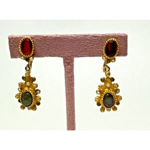 Vintage Signed Coro Gold Tone Clip Dangle Earrings Faux Jade Enamel Seed Pearls